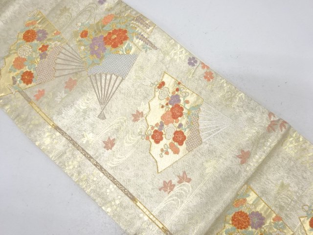 扇面に菊・梅・藤模様織り出し　袋帯